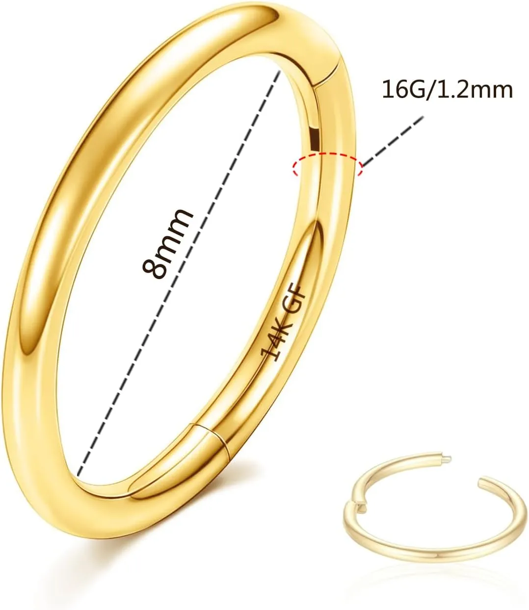 14K Gold Filled Septum Rings Hoop 16G 8mm/10mm 316L Segment Nose Rings for Men, Cartilage Clicker Hoop Earrings for Rook, Daith, Tragus, Hypoallergenic.
