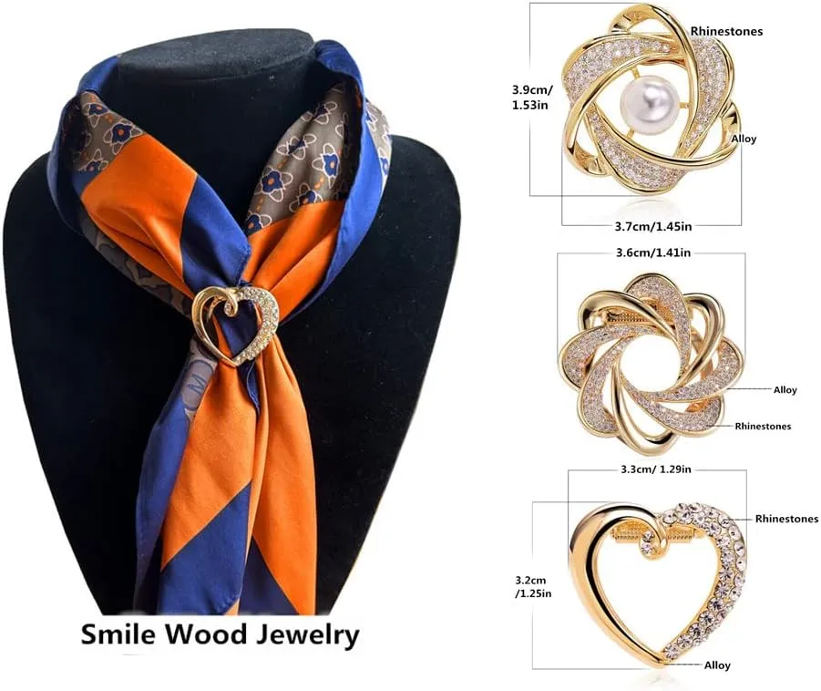 3PCS Scarf Clip Brooches All In One Elegant Pearl Floral Rhinestones Golden Clothes Corner Knotted Button Brooch Scarves Buckle Ring T-Shirt Tie Clips Multi-Purposes For Women Lady Girls Decoration Accessories Jewelry