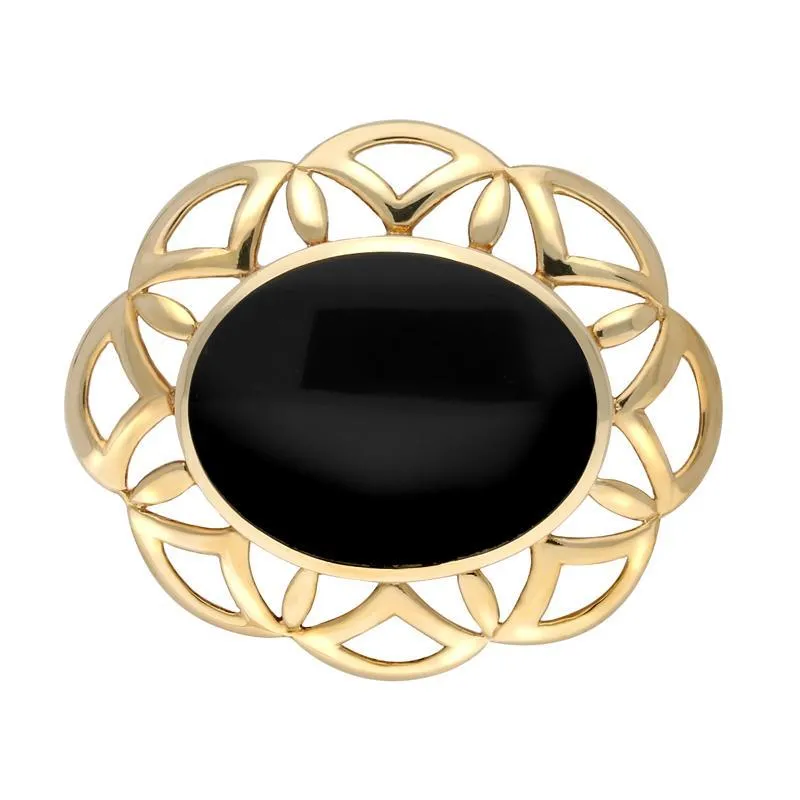 9ct Yellow Gold Whitby Jet Large Flower Brooch