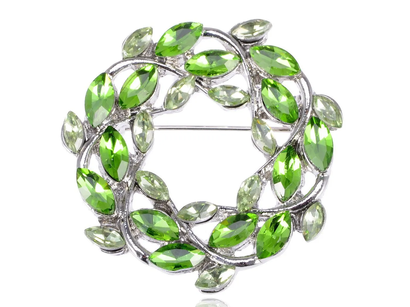 Alilang Women's Silvery Tone Green Crystal Rhinestone Floral Leaves Pin Brooch