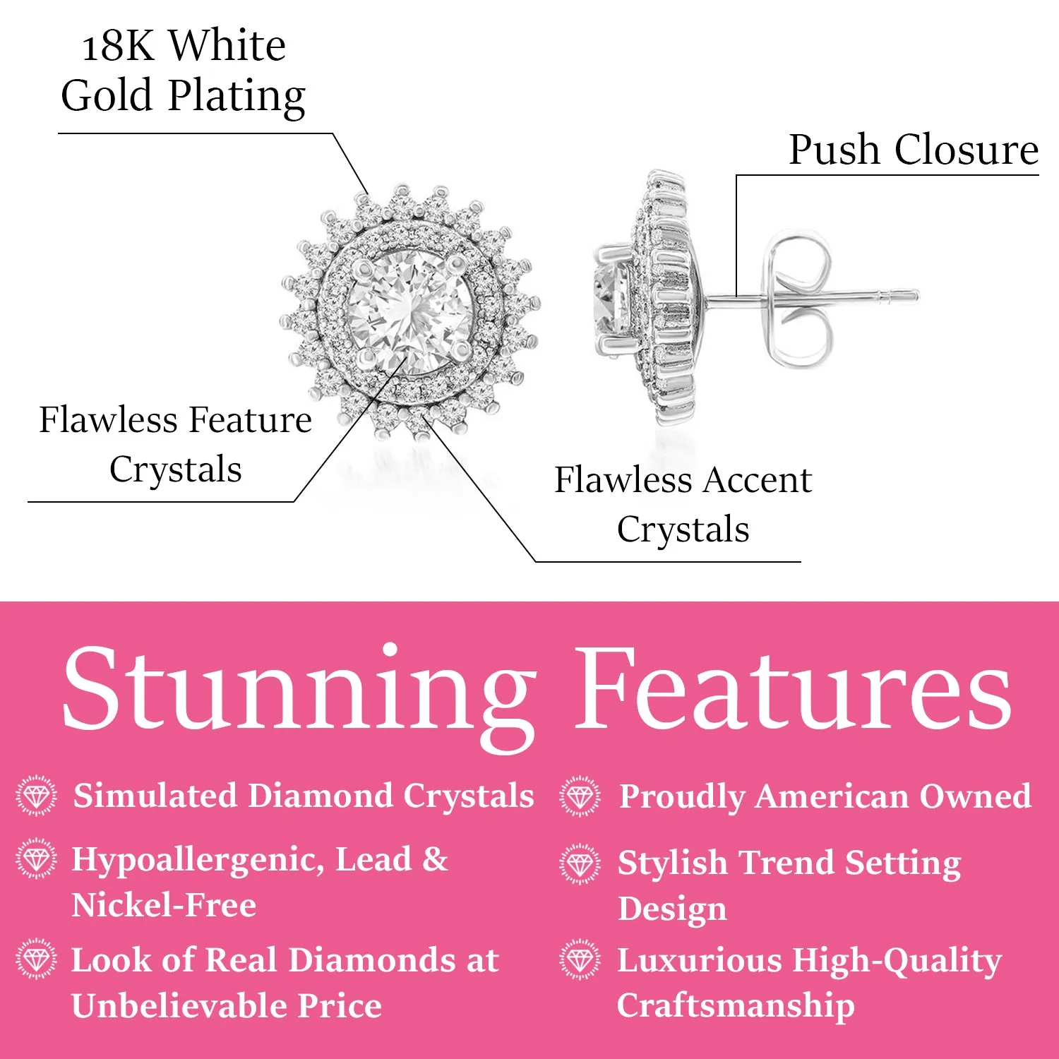 Cordelia 18k White Gold Plated Stud Earrings with Round Cut with Simulated Diamond Crystals