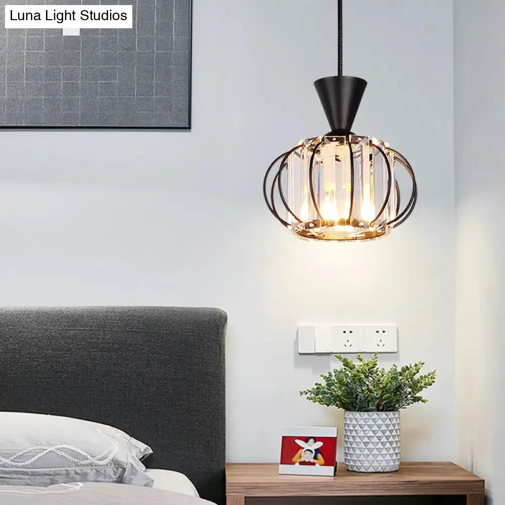 Crystal Prism Pendant Light with Modern Lantern Shade in Black/Gold for Bedroom