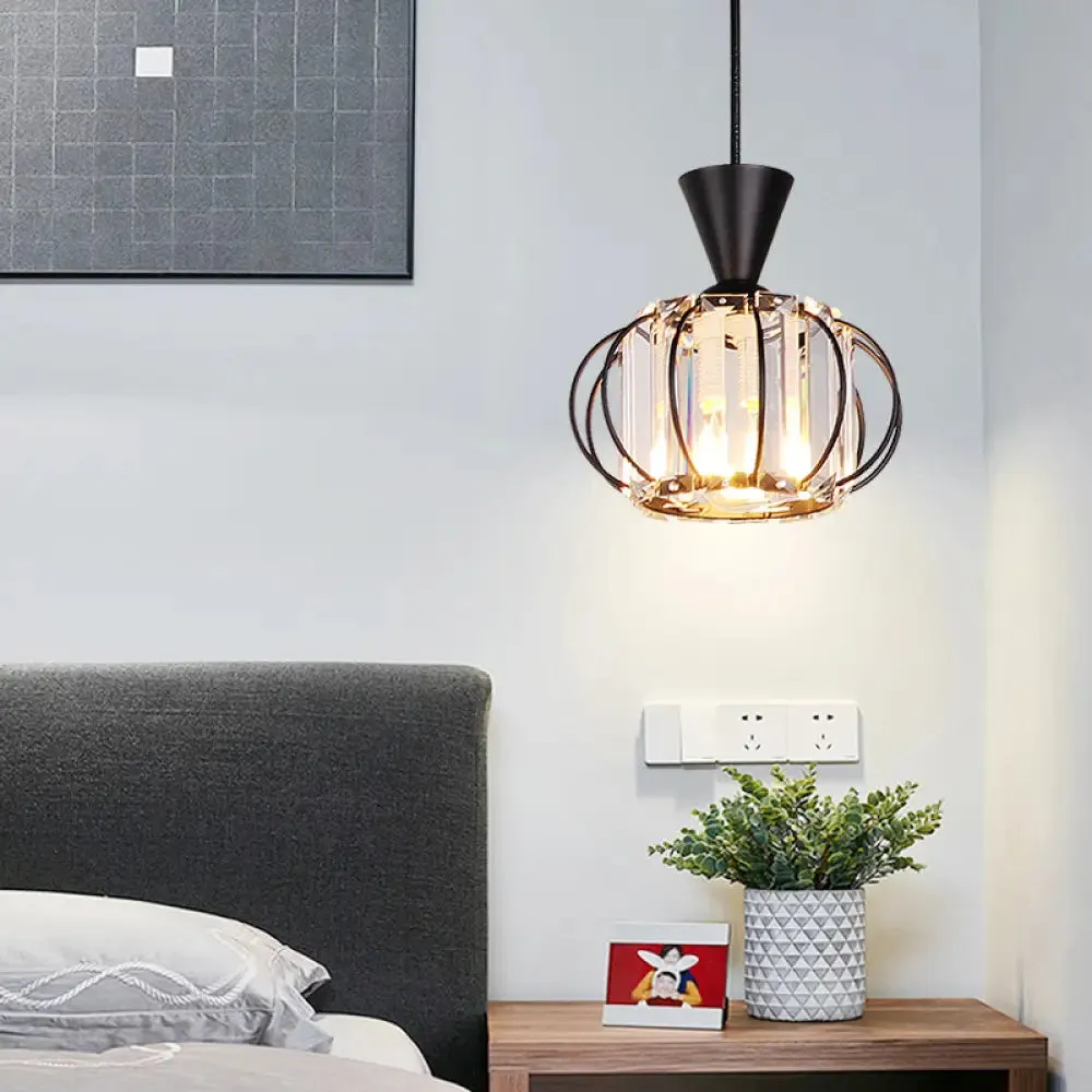Crystal Prism Pendant Light with Modern Lantern Shade in Black/Gold for Bedroom
