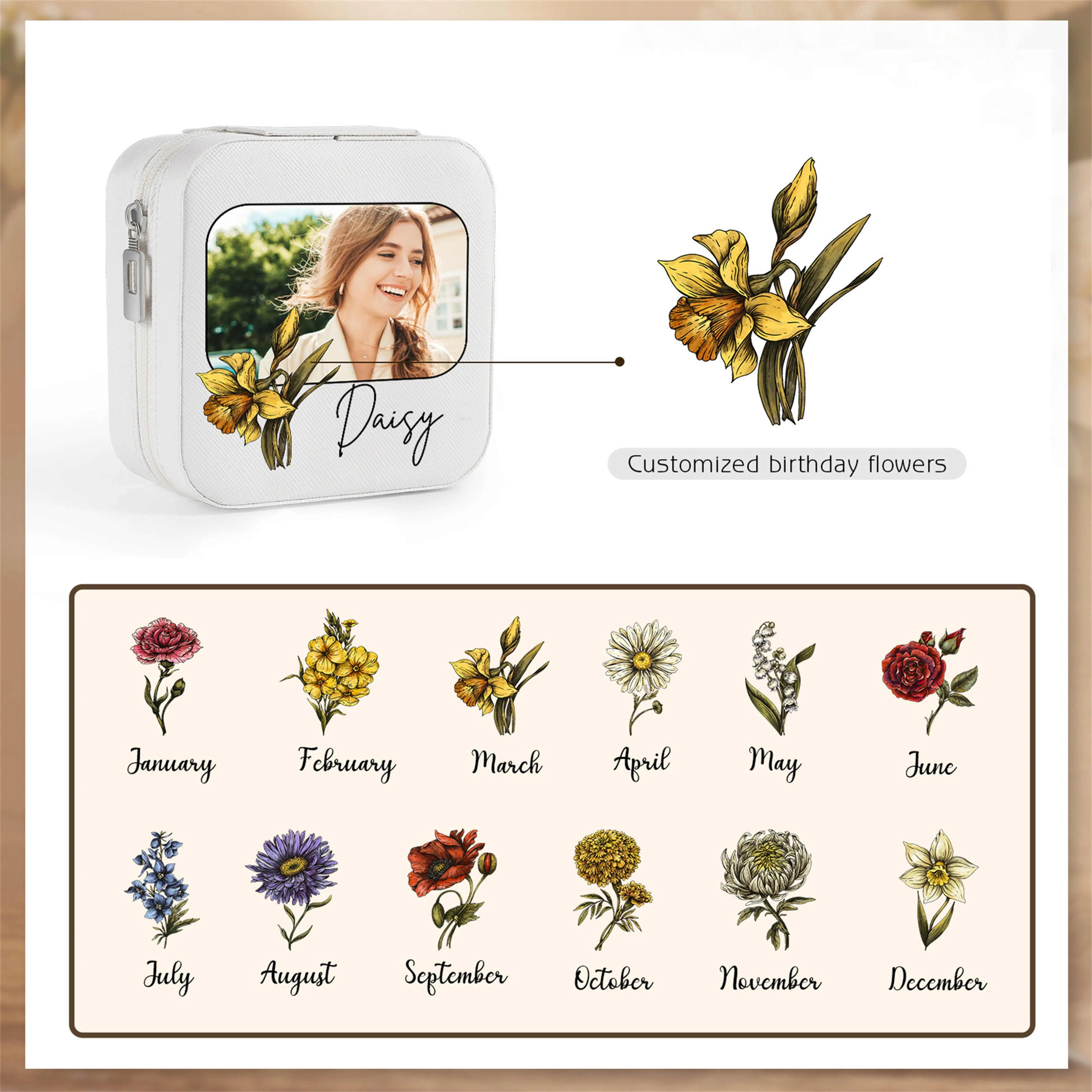Custom Birth Flower&Name Jewelry Box, Floral Jewelry Case, Travel Jewelry Organizer, Gifts for Her, Gift for Mom