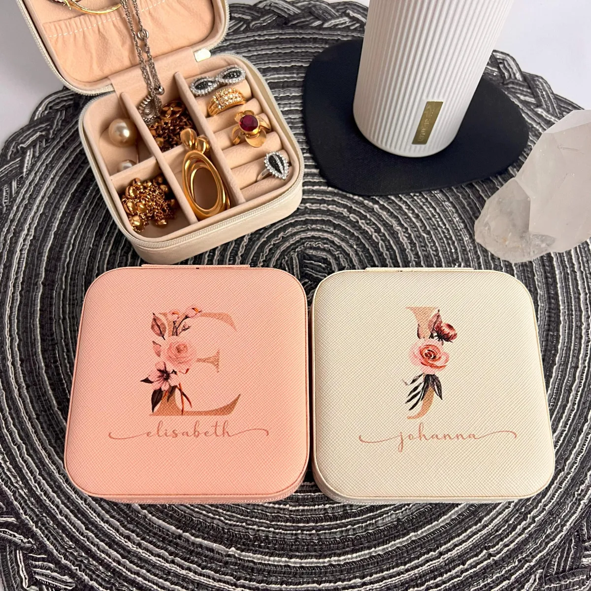 Custom Floral Initial - Personalized Square Jewelry Box - Gift For Mom, Sister, Besties