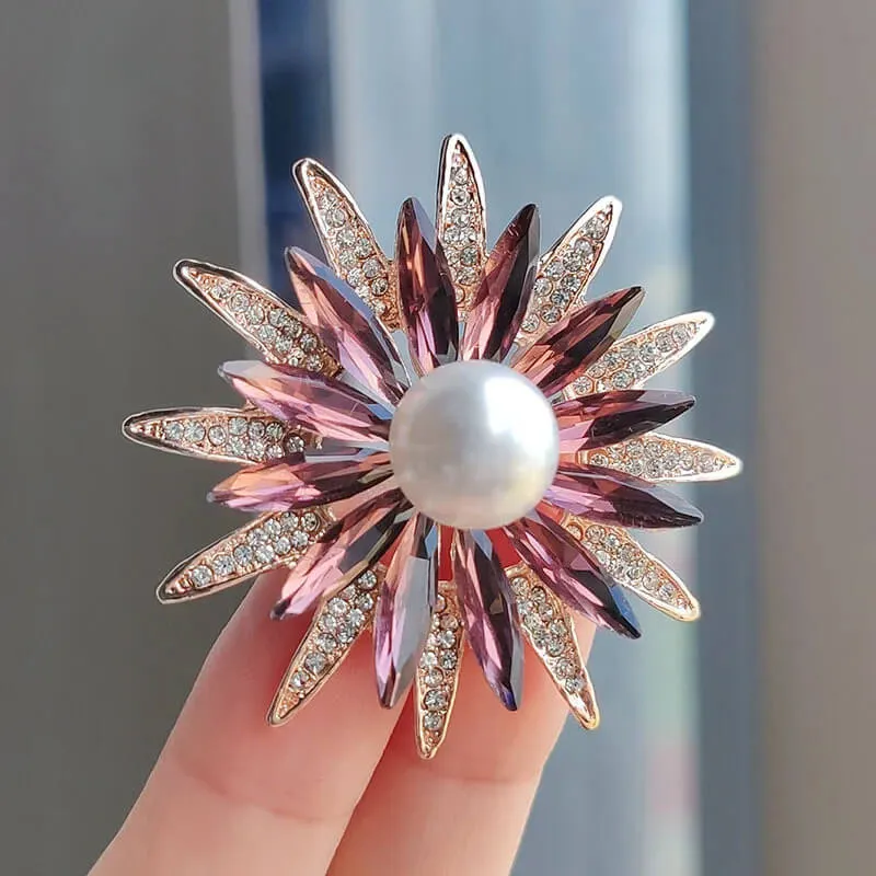 Dual Flower Rhinestone-Encrusted Brooch with Large Imitation Pearl and Simulated Gemstones