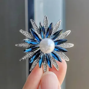 Dual Flower Rhinestone-Encrusted Brooch with Large Imitation Pearl and Simulated Gemstones