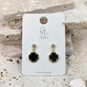 Enamel filled cross dangle earrings with crystal post