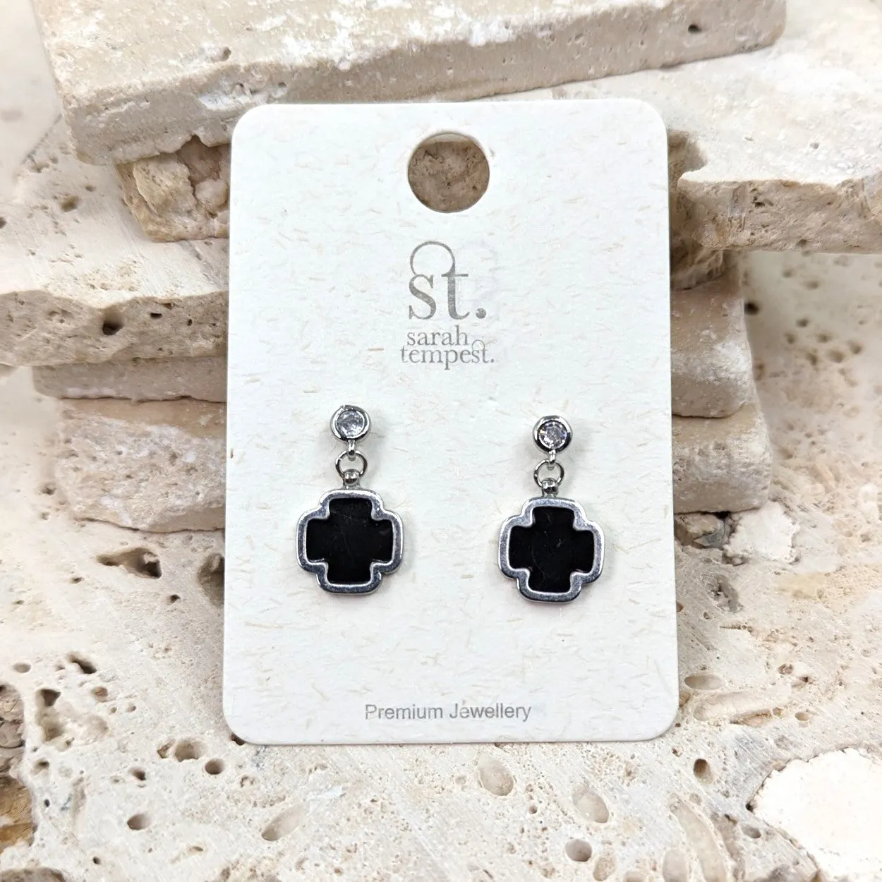Enamel filled cross dangle earrings with crystal post