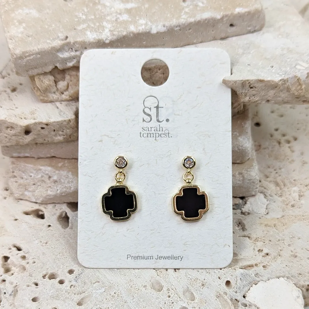 Enamel filled cross dangle earrings with crystal post