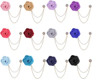 Framendino, 12 Pack Rose Floral Lapel Pin Flower Pins Brooches with Tassel Chain for Men Suits Bridegroom Wedding