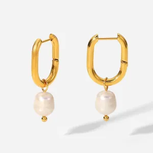 Gold Rectangle Hoop With Pearl Drop