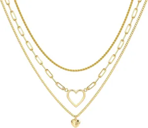 Heart Necklace Layered Necklaces for Women Trendy 14k Gold Plated Heart Pendan Rope Chain Cuban Link Paperclip Chain necklaces Stack Sets Jewelry Gifts