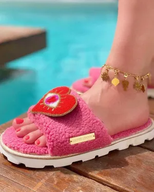 Laines London - Pink Heart Teddy Slippers