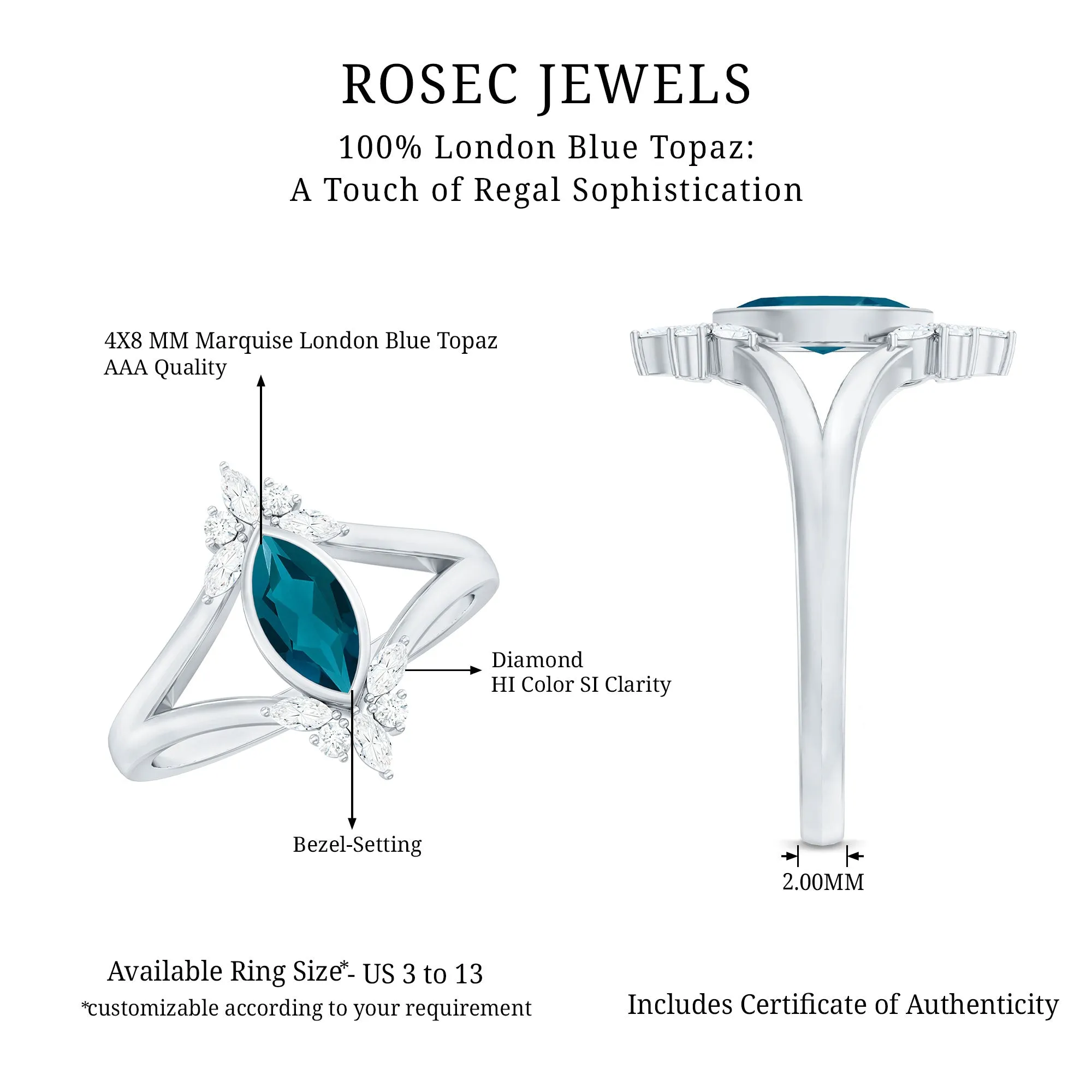 London Blue Topaz Split Shank Engagement Ring With Diamond