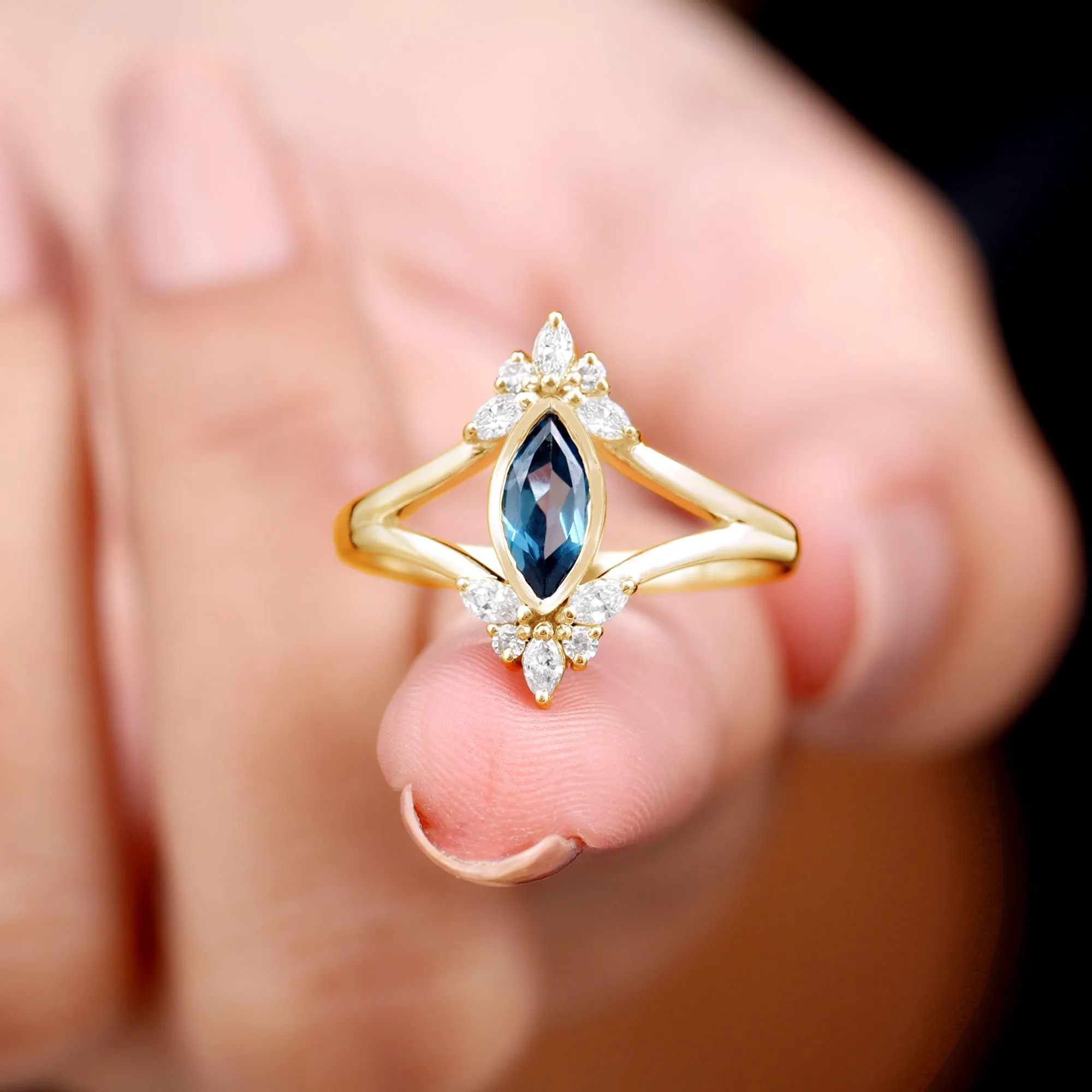 London Blue Topaz Split Shank Engagement Ring With Diamond