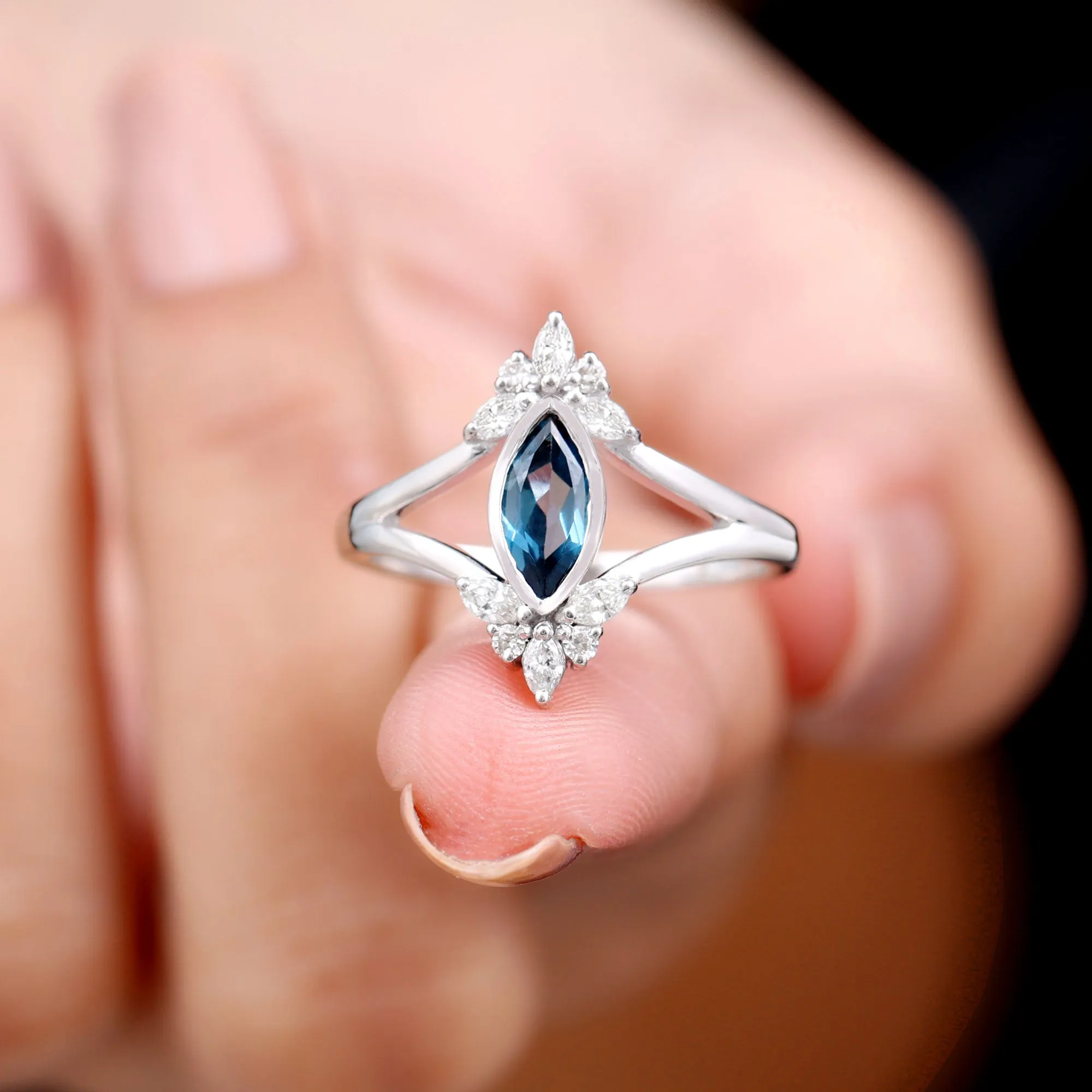 London Blue Topaz Split Shank Engagement Ring With Diamond