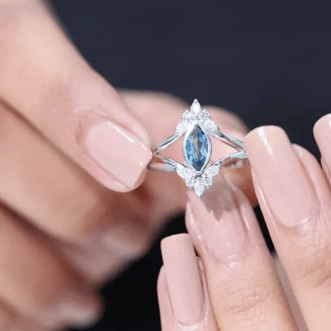 London Blue Topaz Split Shank Engagement Ring With Diamond