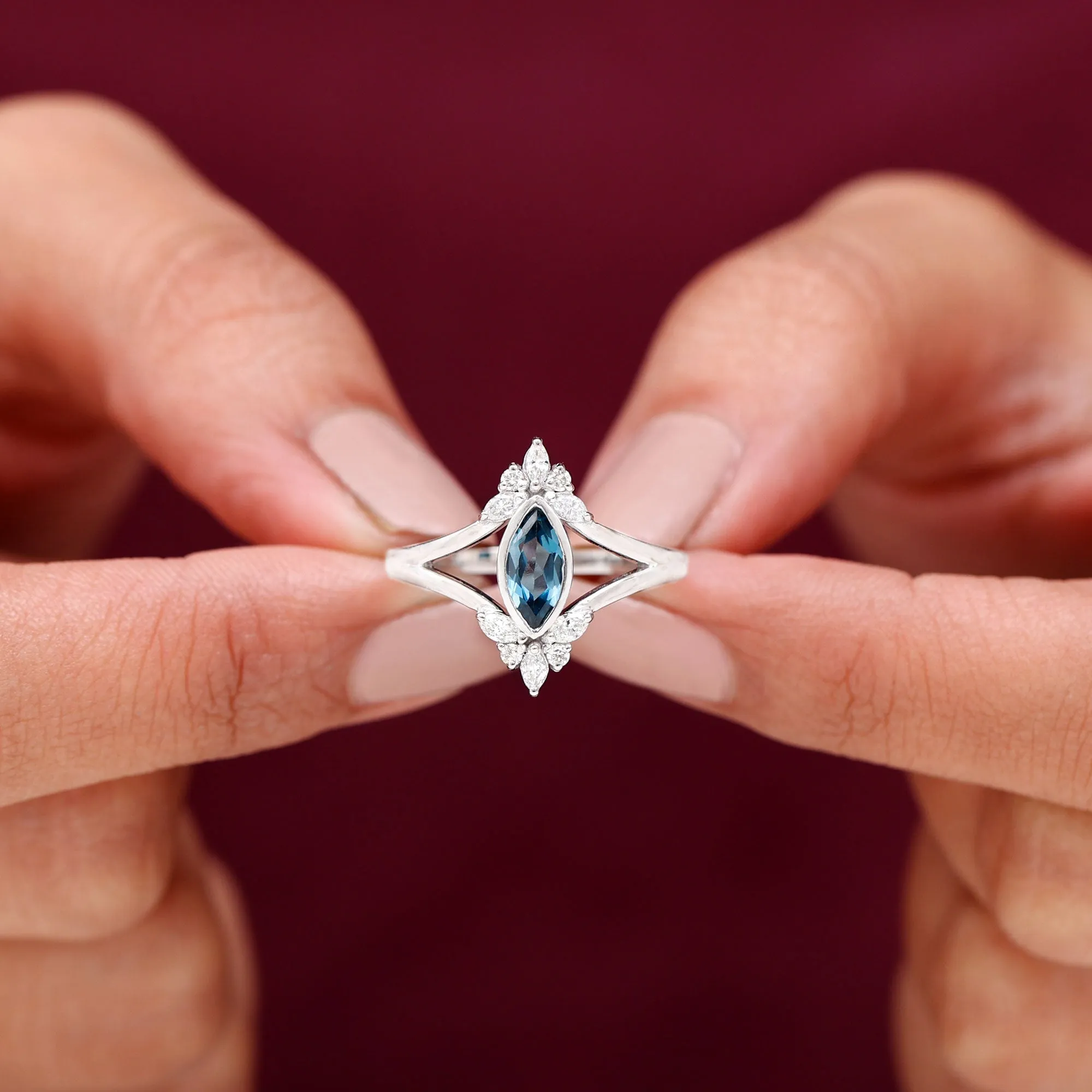 London Blue Topaz Split Shank Engagement Ring With Diamond