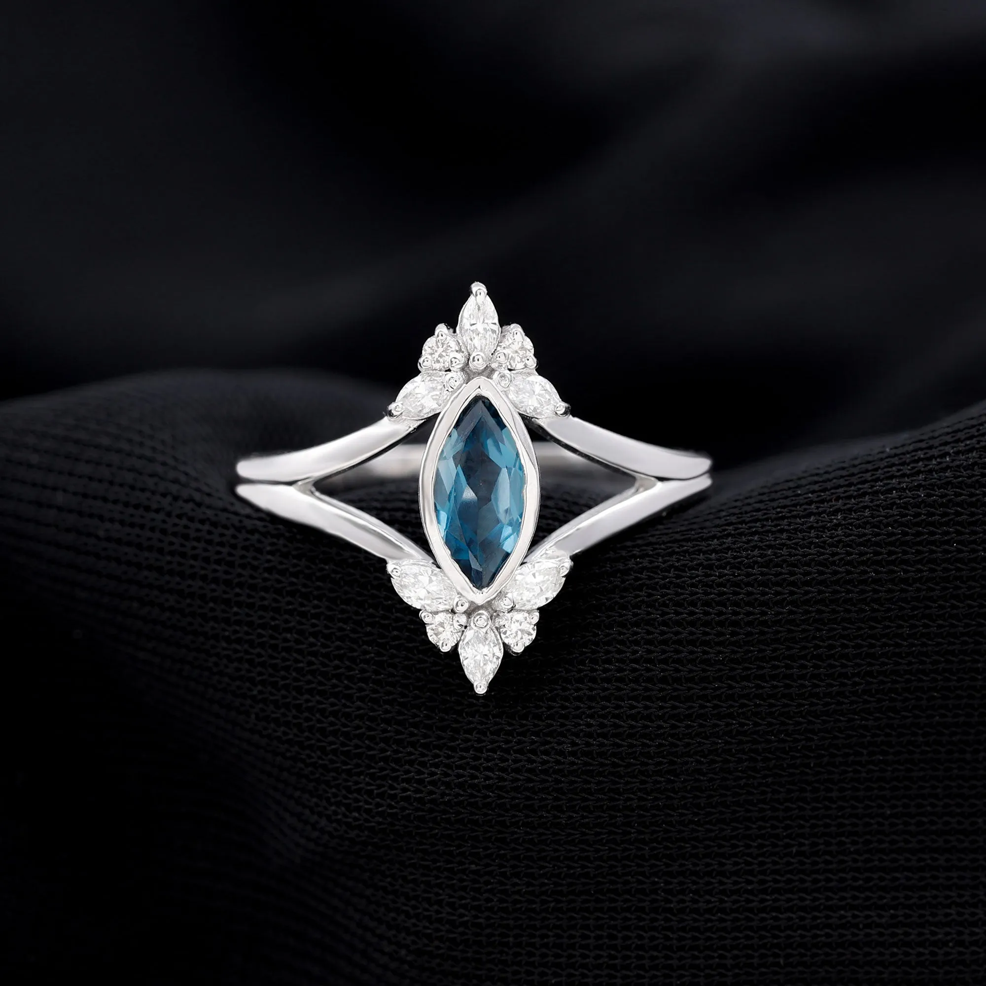 London Blue Topaz Split Shank Engagement Ring With Diamond