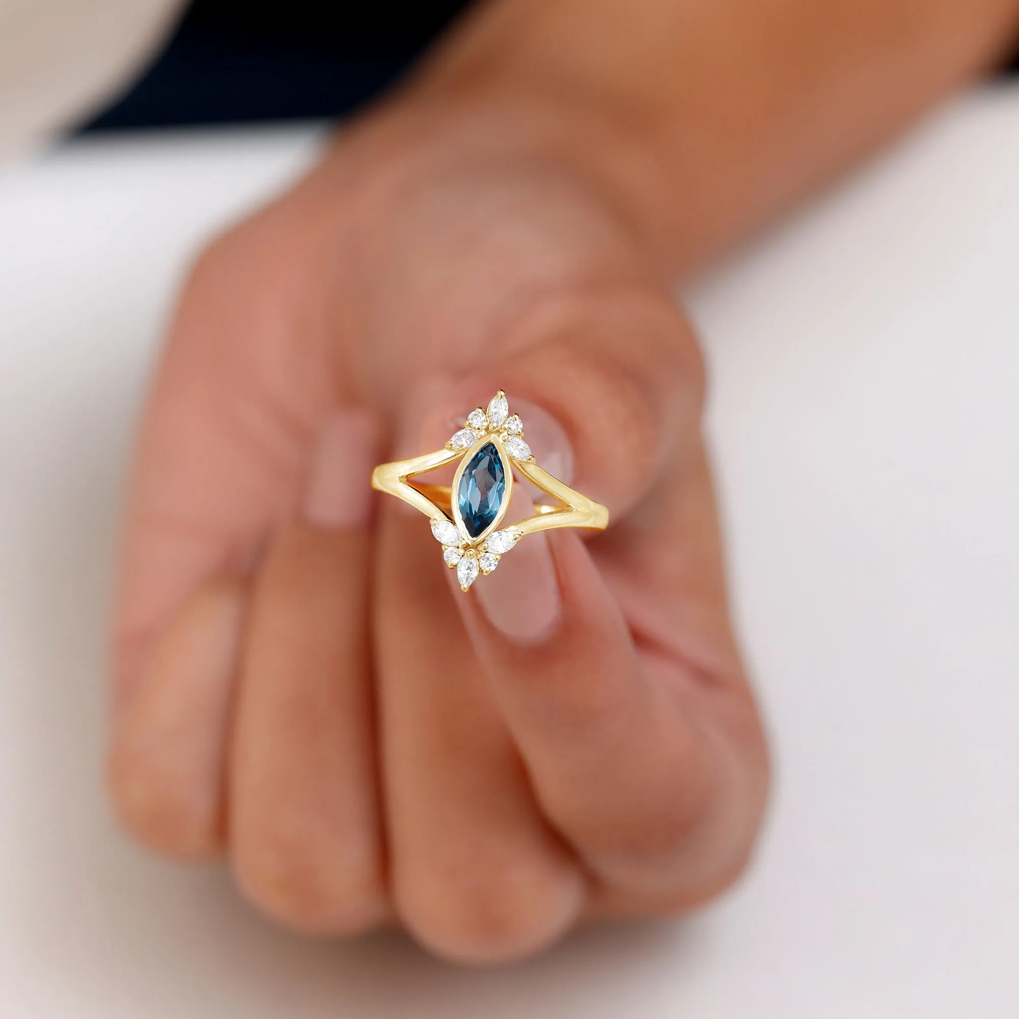 London Blue Topaz Split Shank Engagement Ring With Diamond