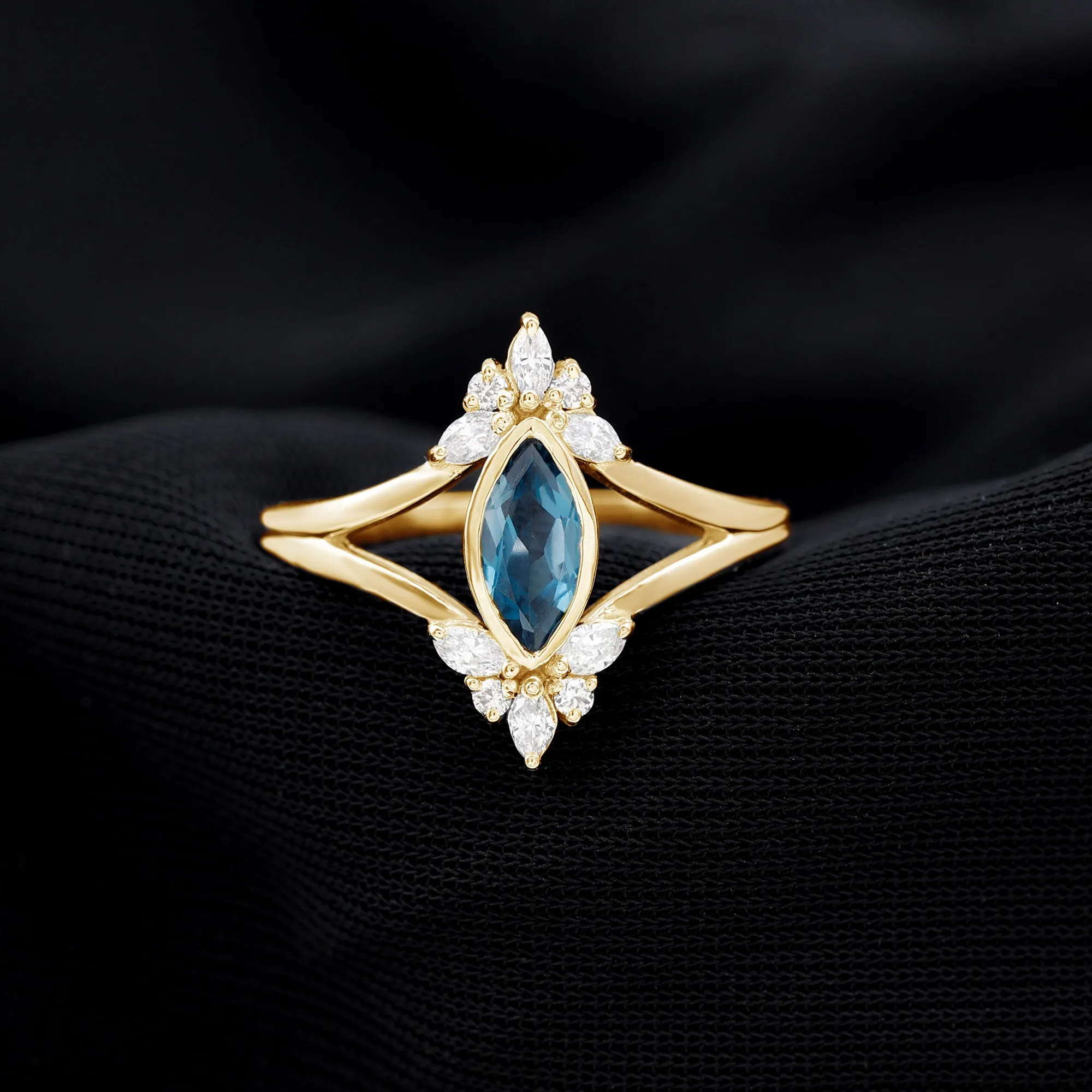London Blue Topaz Split Shank Engagement Ring With Diamond