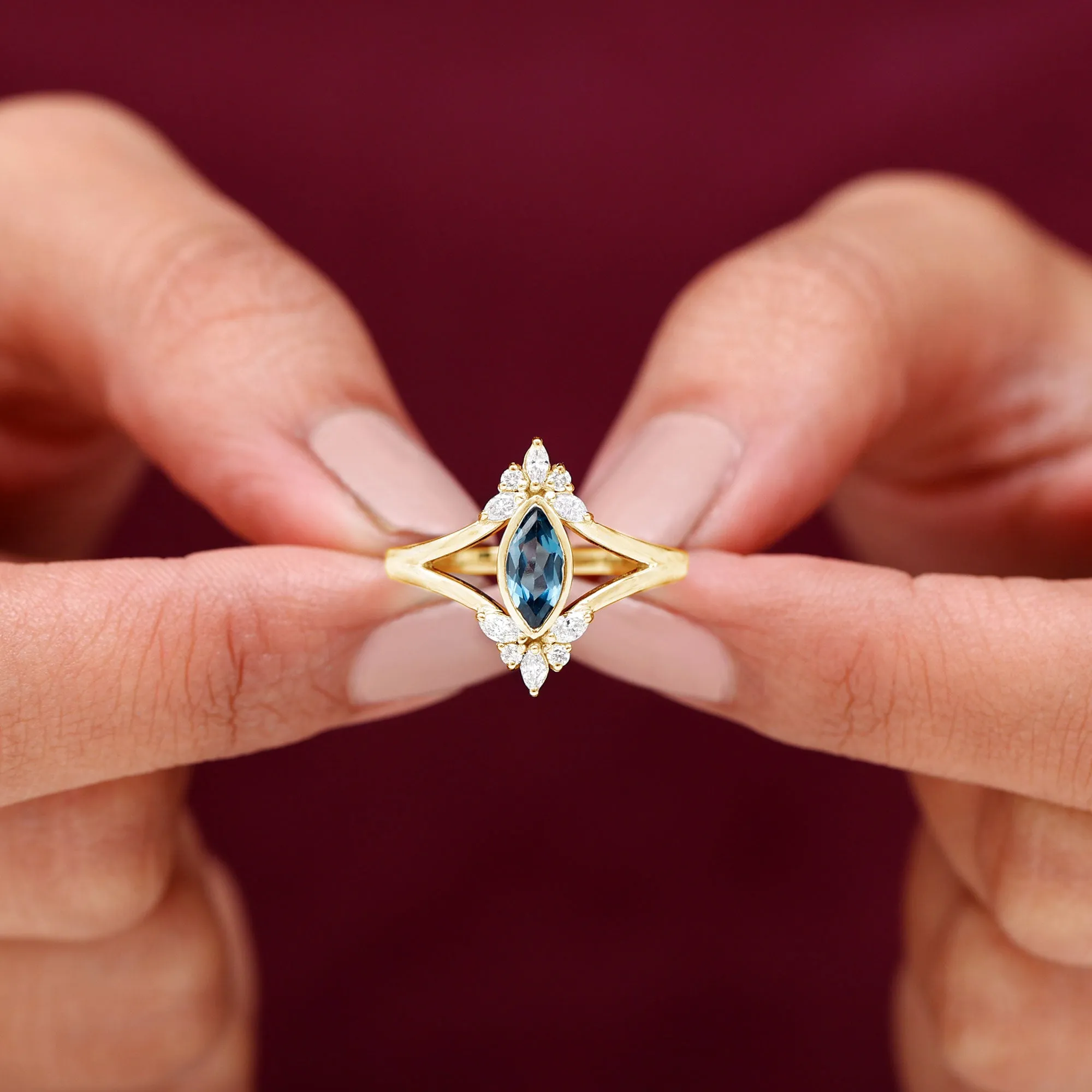 London Blue Topaz Split Shank Engagement Ring With Diamond