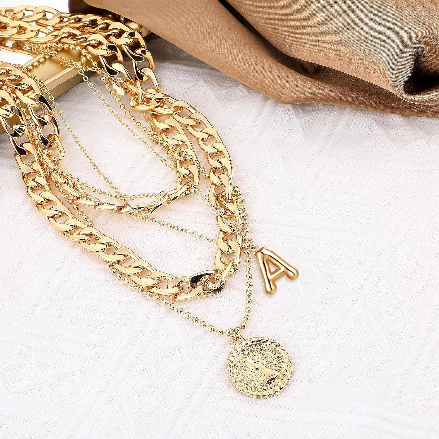 MJartoria Gold Layered Necklaces for Women Trendy Balloon Initial Pendant Necklace Dainty Chunky Chain Choker Necklaces Jewelry Birthday Gifts