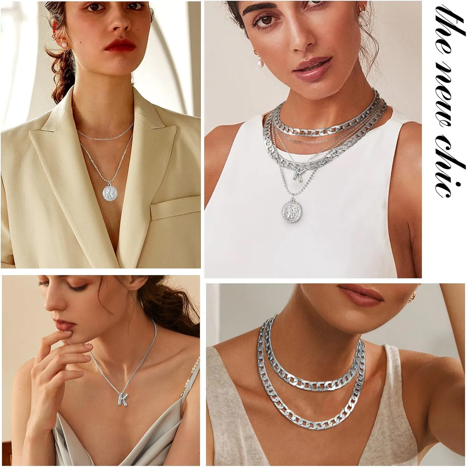 MJartoria Gold Layered Necklaces for Women Trendy Balloon Initial Pendant Necklace Dainty Chunky Chain Choker Necklaces Jewelry Birthday Gifts
