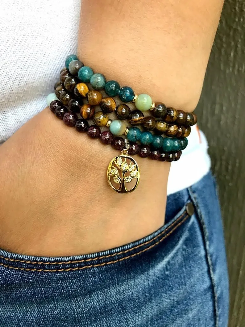 Natural Blue Apatite, Garnet and Yellow Tiger's eye 6mm 108 Mala Beads, Spiritual, Meditation Beads, Reiki, Japa Mala, Buddhist Prayer Beads, Yoga Bracelet, healing beads LKMALA-RRGU-3329