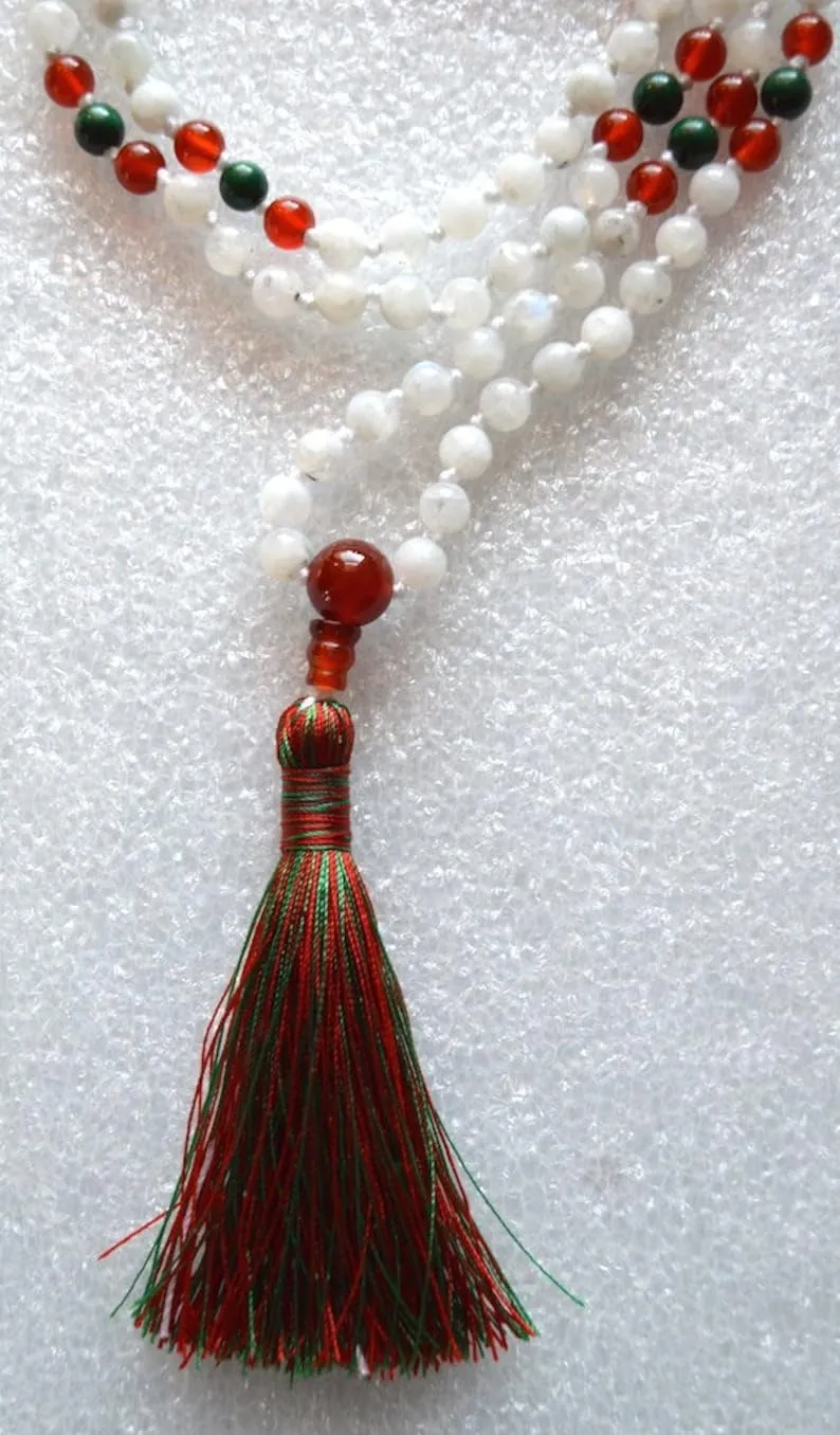 Natural Rainbow Moonstone Malachite Carnelian 6mm 108 Mala Beads, Spiritual, Meditation Beads, Reiki, Japa Mala, Buddhist Prayer Beads, Yoga Bracelet, healing beads LKMALA-RRGU-1631