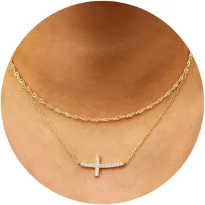 ORAZIO Cross Necklace for Women - 14K Gold Plated Layered Cross Necklace Cute CZ Cross Pendant Necklaces Dainty Sideways Cross Choker Necklaces Minimalist Twisted Chain Necklace Small Cross Layering Necklace Set