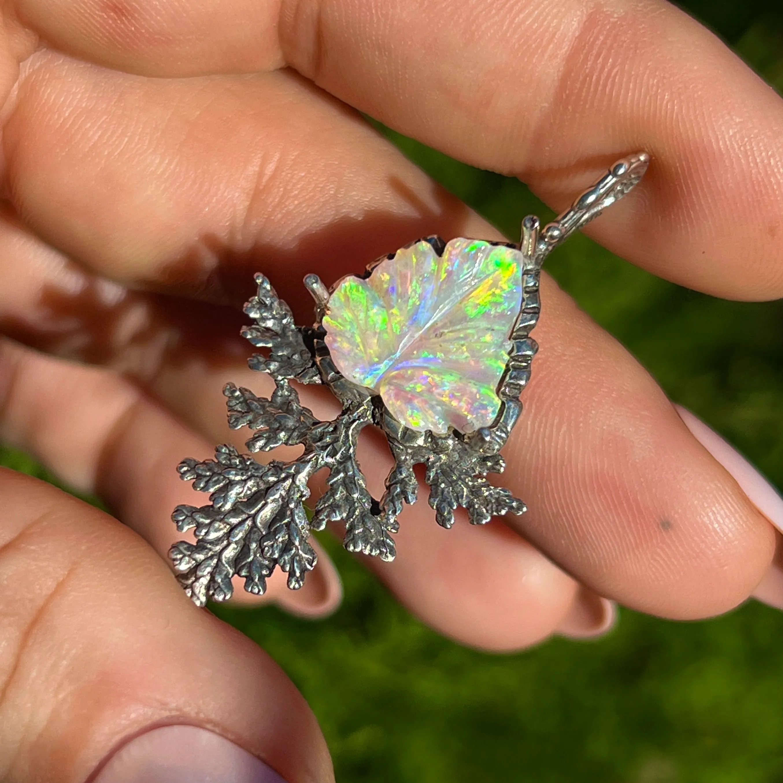 PRE-ORDER FOR AMY- Carved Opal Silver Juniper Pendant