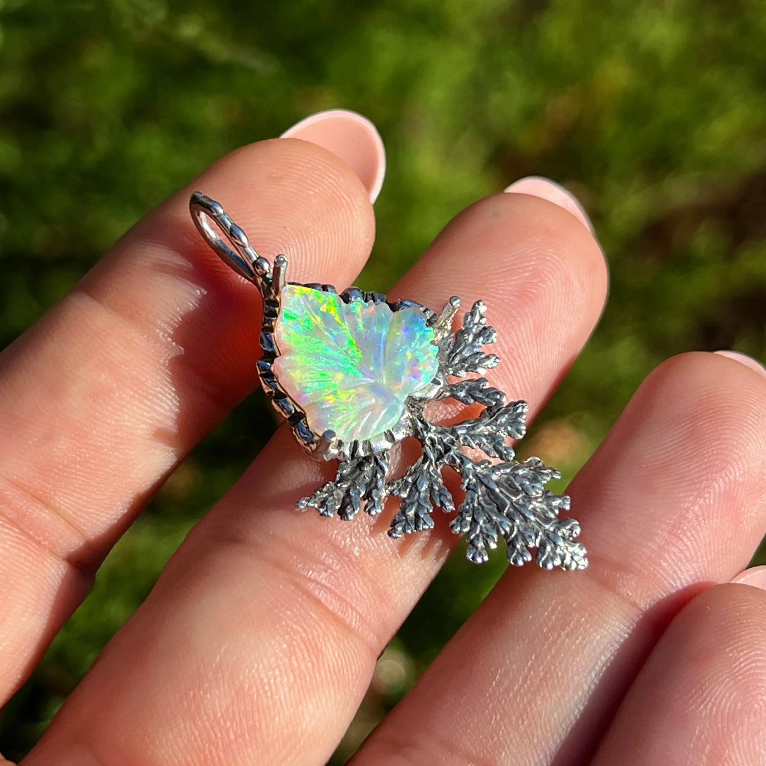 PRE-ORDER FOR AMY- Carved Opal Silver Juniper Pendant