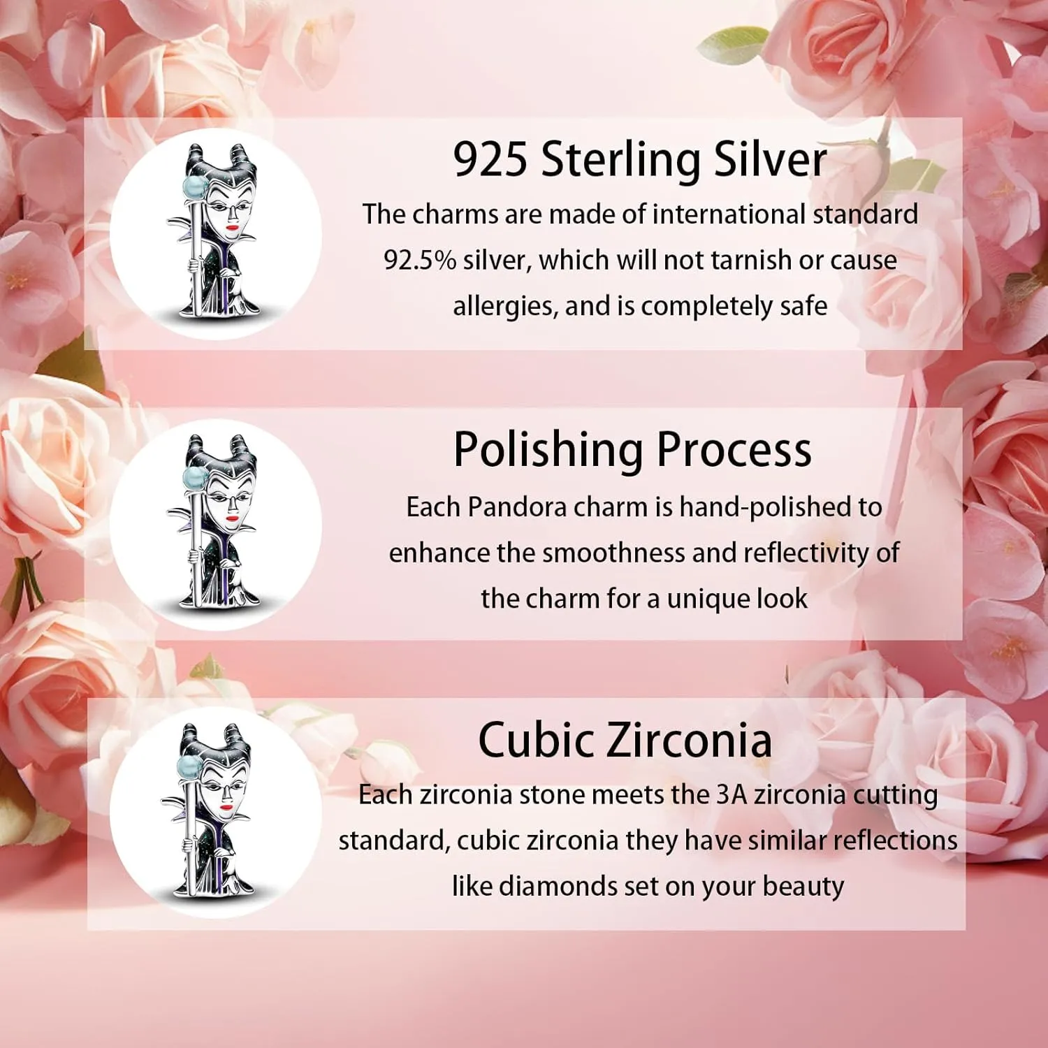 RADIVIDE 925 Sterling Silver Charms, Evil Queen Apple Charm, Villains Cruella De Vil Charm, Villains Maleficent Charm for Pandora Women's Bracelet DIY Charms, Women's Holiday Charms Gifts