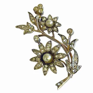 Rare White Natural Pearl & Diamond Floral Victorian Brooch