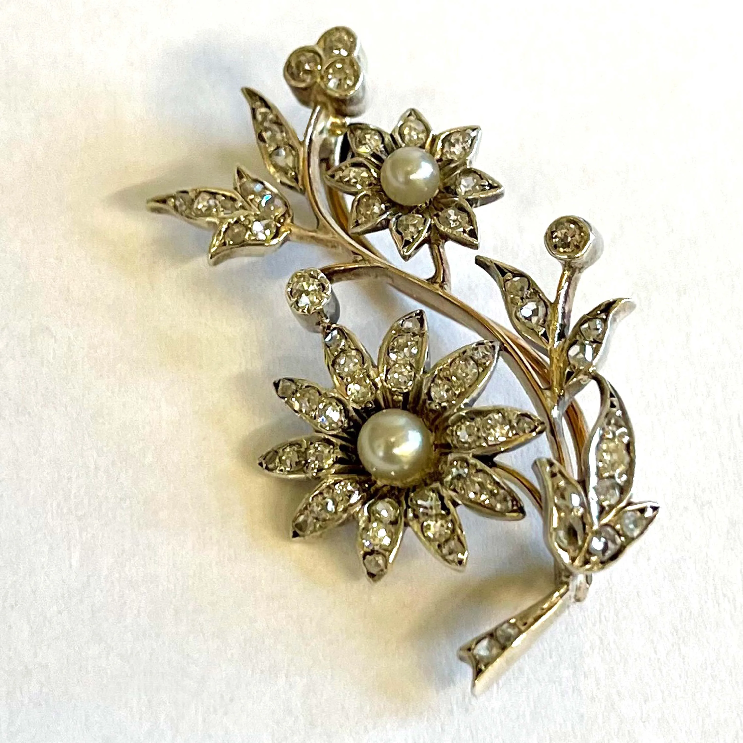 Rare White Natural Pearl & Diamond Floral Victorian Brooch