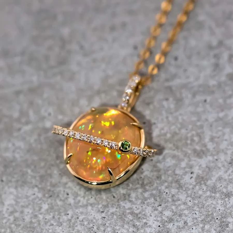 The Saturn - Extremely Rare Quality Fire Opal & Diamond 18K Gold Necklace