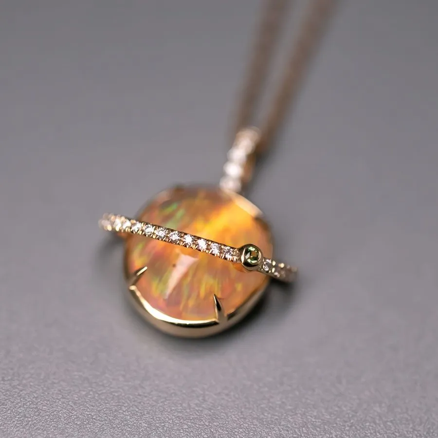 The Saturn - Extremely Rare Quality Fire Opal & Diamond 18K Gold Necklace