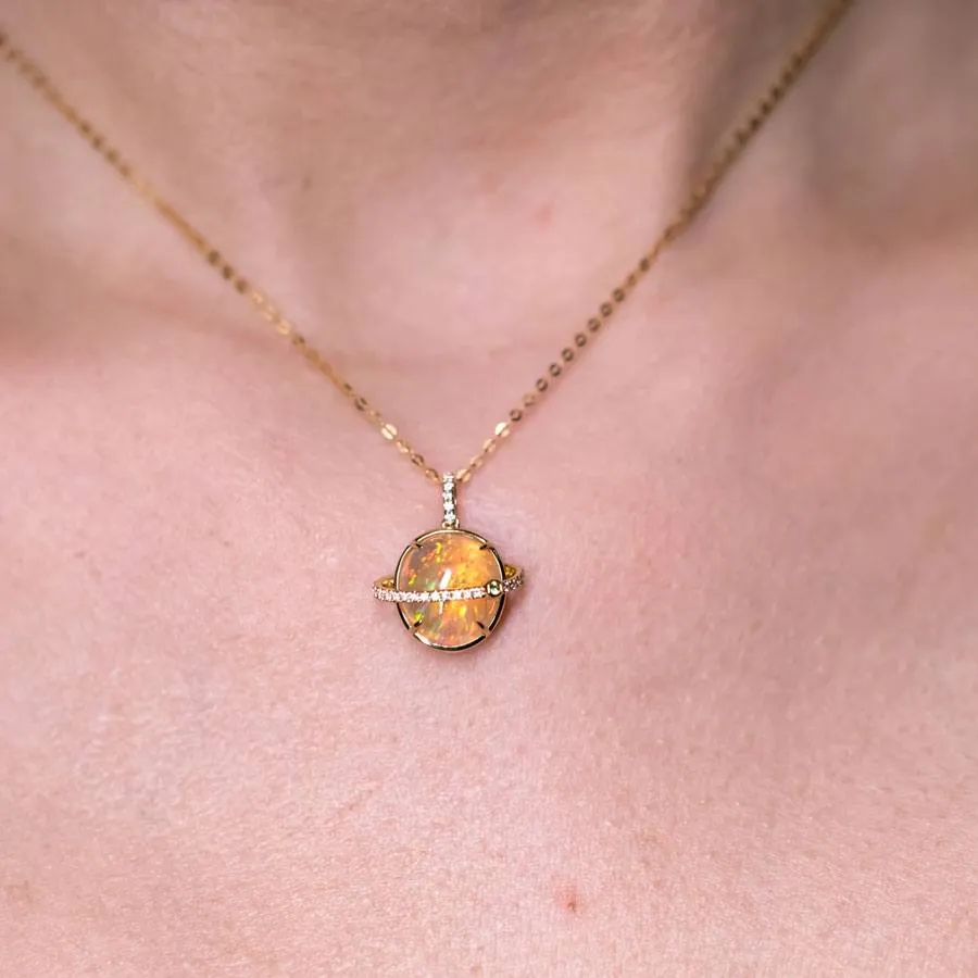 The Saturn - Extremely Rare Quality Fire Opal & Diamond 18K Gold Necklace
