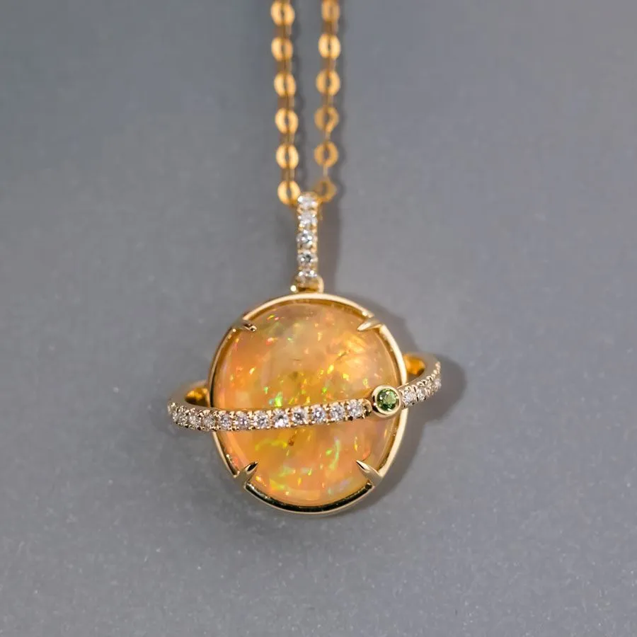 The Saturn - Extremely Rare Quality Fire Opal & Diamond 18K Gold Necklace