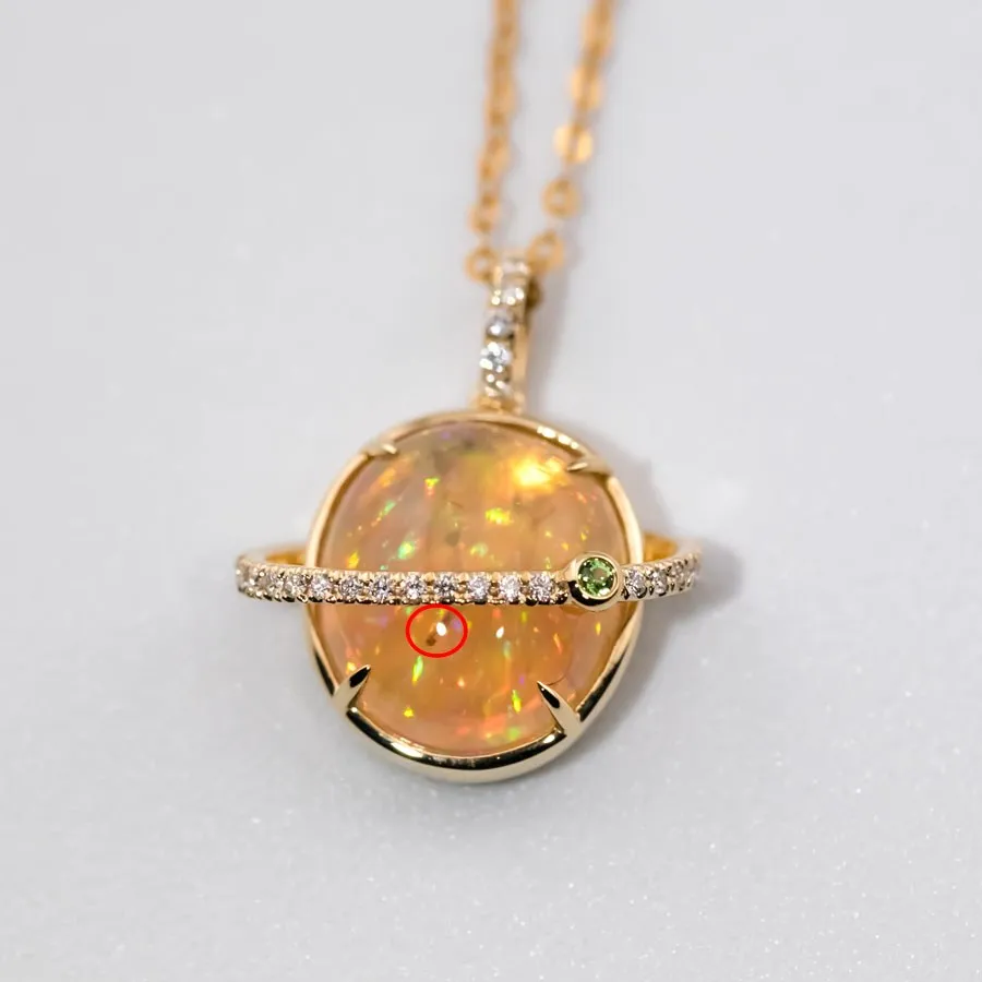 The Saturn - Extremely Rare Quality Fire Opal & Diamond 18K Gold Necklace