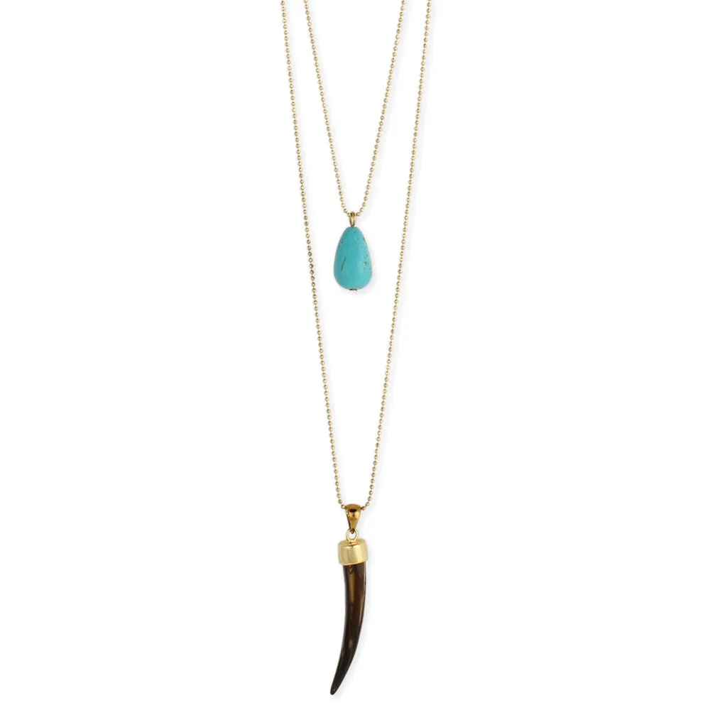 Turquoise and Brown Stone Horn Long Necklace
