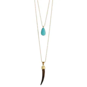 Turquoise and Brown Stone Horn Long Necklace