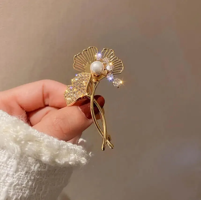 Two Dandellions Gold-Toned Brooch With Imitation Pearl