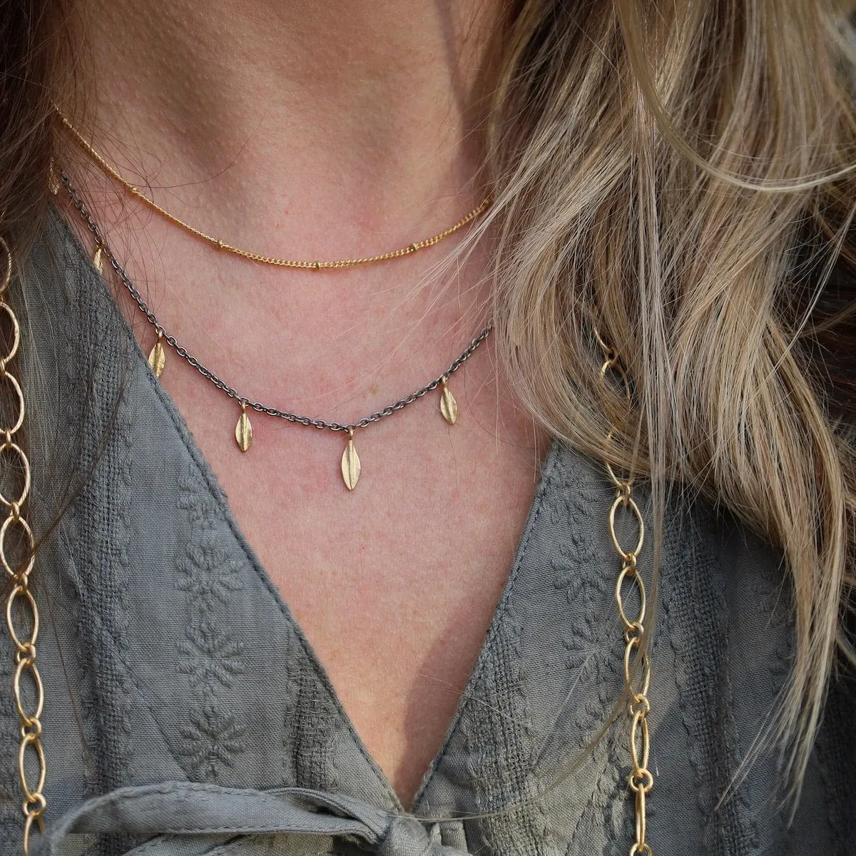 Two Tone Two Layer Necklace with Leaves