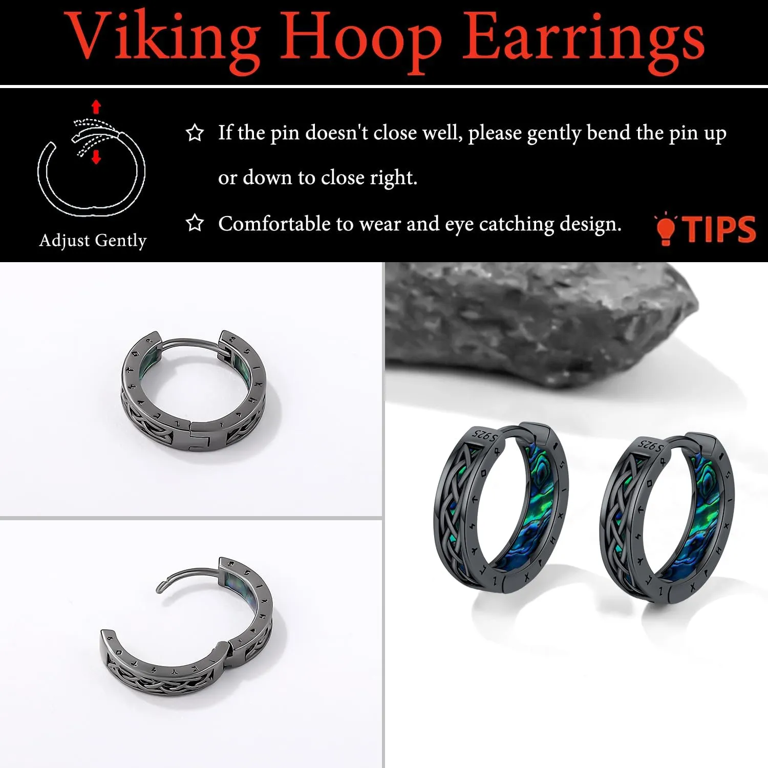 Viking Earrings Norse for Men Women 16mm 925 Sterling Silver Huggie Rune Celtic Hoop Earring Viking Jewelry Gifts Sturdy Punk Hoop Earrings Silver