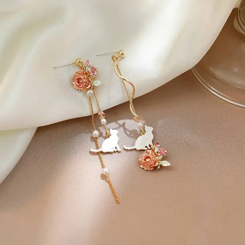 Vintage cat earrings with a rose, earrings, boho, bohemian, vintage earrings, art deco earrings, 1980s, cat earrings, flower