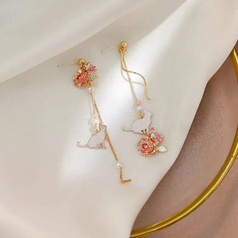 Vintage cat earrings with a rose, earrings, boho, bohemian, vintage earrings, art deco earrings, 1980s, cat earrings, flower