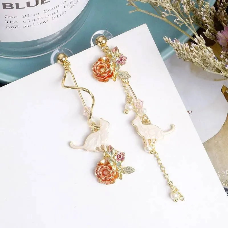 Vintage cat earrings with a rose, earrings, boho, bohemian, vintage earrings, art deco earrings, 1980s, cat earrings, flower